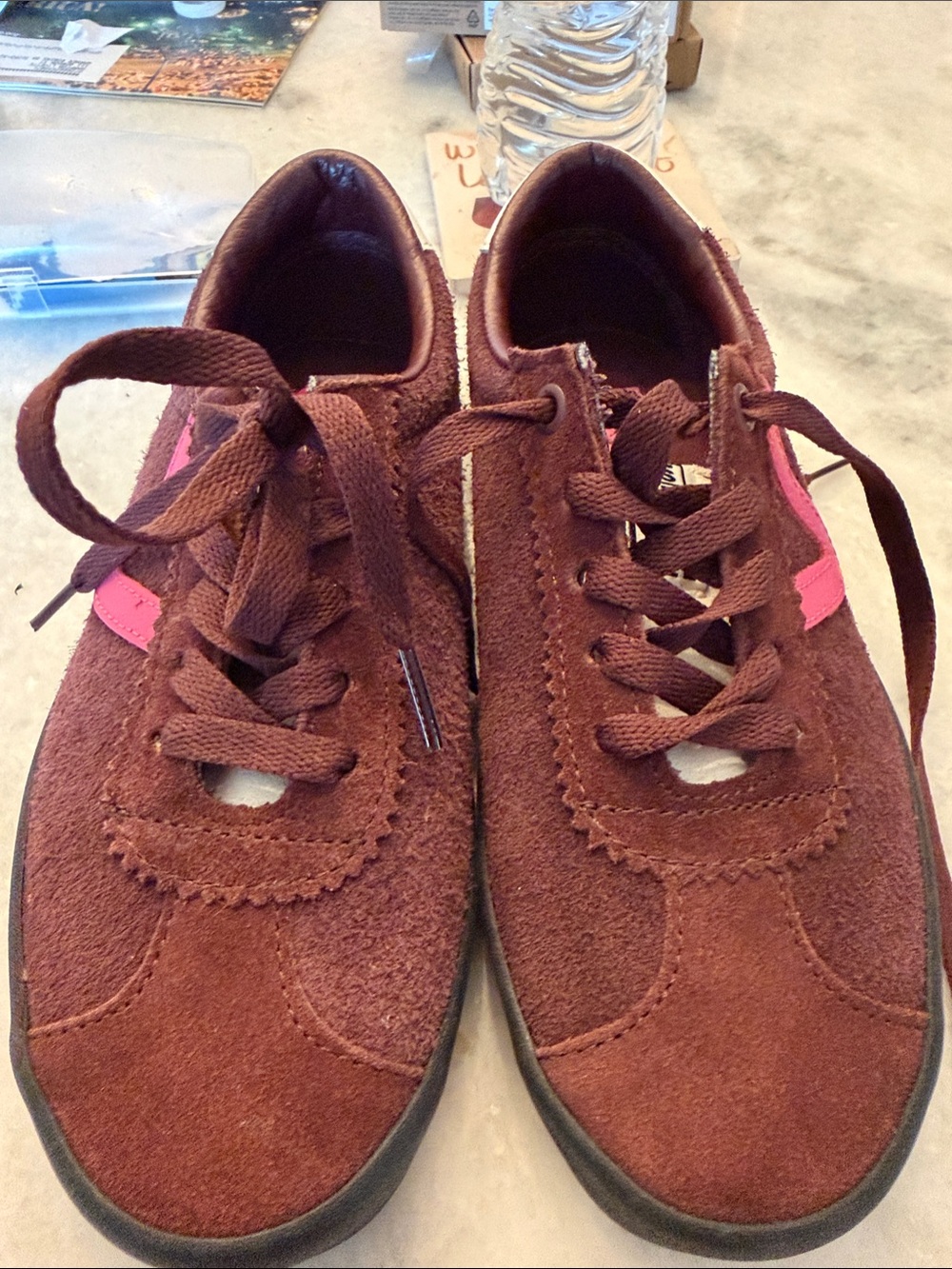 Vans Women's Burgundy Suede Sneakers with Pink Side Stripe off The Wall Retro